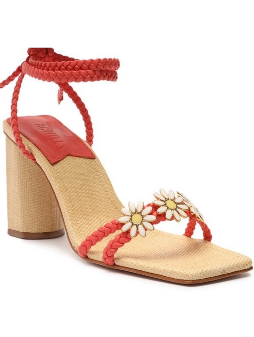 Schutz Red Tan Raffia Daisy Sandalo Hina Square Toe Heeled Sandals 8.5 NIB NWT